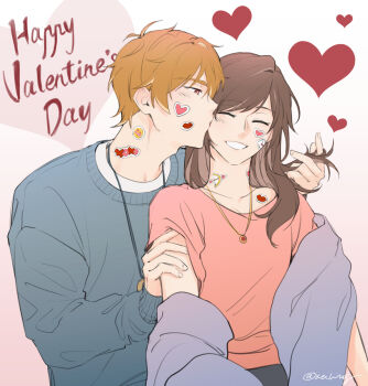 Rule 34 | 1boy, 1girl, brown hair, collarbone, commentary, english commentary, grey sweater, hand in another's hair, happy valentine, heart, hetero, highres, jewelry, kiss, kissing cheek, long hair, long sleeves, luke pearce (tears of themis), multicolored hair, pendant, pink shirt, puffy long sleeves, puffy sleeves, red eyes, rosa (tears of themis), shirt, short sleeves, sleeves past wrists, sweater, tears of themis, twitter username, two-tone hair, white shirt, xeiling