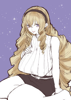 1girl absurdres black_hairband black_skirt blonde_hair breasts drill_hair drill_sidelocks earrings full_body hairband hand_on_own_chest highres hoop_earrings huge_breasts jewelry jyurip_p kaneda_maria kneeling long_hair looking_at_viewer mount_celeb_kaneda-san pencil_skirt purple_background purple_eyes ribbed_sweater sidelocks sitting skirt sleeveless sleeveless_turtleneck smile solo spot_color star_(sky) starry_sky_background sweater turtleneck turtleneck_sweater very_long_hair wariza