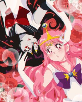 1990s_(style) 2girls adventure_time bishoujo_senshi_sailor_moon black_hair brenni_murasaki clip_studio_paint_(medium) colored_skin grey_skin long_hair marceline_abadeer multiple_girls parody pink_hair pink_skin pointy_ears princess_bonnibel_bubblegum retro_artstyle tiara vampire very_long_hair