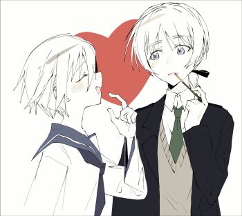 2girls black_jacket braid closed_eyes food heart jacket long_hair looking_at_another lynette_bishop miyafuji_yoshika monochrome multiple_girls necktie pocky sailor_collar school_uniform shinkun_uwu shirt short_hair single_braid standing strike_witches sweater_vest upper_body world_witches_series yuri