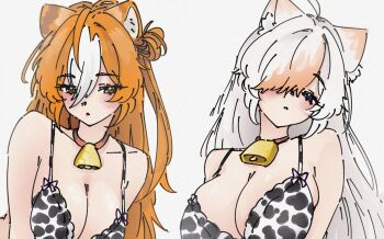 Rule 34 | 2girls, animal ears, bell, ben-day dots, blush, bow, bow bra, bra, breasts, cow girl, cow print bra, cowbell, cweamcat, hair between eyes, indie virtual youtuber, long hair, looking at viewer, moofie (vtuber), multiple girls, orange hair, pink bow, sapling meow, screentones, simple background, tail, tiger ears, tiger girl, tiger tail, twitch.tv, underwear, virtual youtuber, white background, white hair
