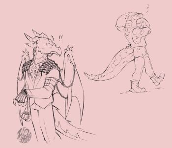 ! !! 2boys artist_logo blush boots bulging_eyes closed_eyes closed_mouth commentary crocodile_boy crocodilian_tail daylon_(sobek)_(dislyte) dislyte dragon_boy dragon_horns dragon_tail dragon_wings english_commentary eye_pop furry furry_male horns logo looking_at_another male_focus multiple_boys musical_note nyles_(nidhogg)_(dislyte) shirt sleeveless sleeveless_shirt spoken_musical_note tail tank_top wings zinthings