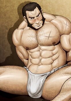 00s 1boy abs bara body_hair embarrassed facial_hair fundoshi highres japanese_clothes largo_potter male_focus male_underwear muscular mutton_chops nipples paid_reward_available pectorals restrained scar senjou_no_valkyria_(series) sitting solo spread_legs thighs topless_male underwear underwear_only white_fundoshi white_male_underwear zelo-lee