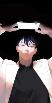 1boy arms_up black_eyes black_hair black_shirt coat collared_shirt commentary expressionless glowing highres holding holding_phone kim_dokja looking_at_viewer male_focus omniscient_reader's_viewpoint open_clothes open_coat phone shirt short_hair solo symbol-only_commentary tix_0314 upper_body white_coat