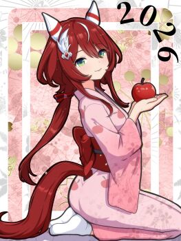 1girl 2026 absurdres animal_ears apple apple_print blush breasts closed_mouth commentary_request ear_covers ear_ornament feather_hair_ornament feathers flower food food_print fruit fruit_print green_eyes hair_between_eyes hair_ornament highres holding holding_food holding_fruit horse_ears horse_girl horse_tail japanese_clothes juan_goshi kimono long_hair long_sleeves looking_at_viewer low_twintails obi pink_kimono print_kimono red_hair sash seiza sitting smile socks solo tail twintails umamusume white_socks win_variation_(umamusume)