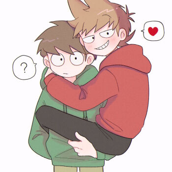 2boys ? antenna_hair arm_around_neck black_pants blush brown_hair brown_pants carrying carrying_person child_carry commentary_request cowboy_shot drawstring edd_(eddsworld) eddsworld film_grain flat_color flipped_hair green_hoodie grin hair_ears hand_on_another's_leg heart hood hood_down hoodie jitome long_sleeves looking_at_viewer male_focus mau_(edd_tom) multiple_boys pants red_hoodie short_hair simple_background smile smug spoken_heart spoken_question_mark swept_bangs toon_(style) tord_(eddsworld) white_background wide-eyed yaoi