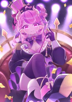 1girl ahoge breasts cleavage closed_mouth commentary demon_girl demon_horns english_commentary gloves heart heart_ahoge high_heels highres horns indie_virtual_youtuber ironmouse ironmouse_outfit_art_contest jacket large_breasts looking_at_viewer medium_hair multicolored_hair nekoyanagi_reo pink_eyes pink_hair pink_shirt pointy_ears purple_gloves purple_jacket purple_shoes purple_streaks purple_thighhighs shirt shoes smile solo streaked_hair thighhighs virtual_youtuber