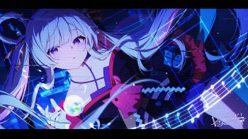 Rule 34 | 1girl, bare shoulders, black kimono, blue background, blue eyes, character name, cho kaguya-hime!, commentary request, frilled sleeves, frills, glitch, hair ornament, hair rings, hair stick, hand up, highres, japanese clothes, kimono, letterboxed, long hair, long sleeves, looking at viewer, moon, musical note, parted lips, runami yachiyo, setsuna 0430, sheet music, solo, twintails, upper body, very long hair, white hair