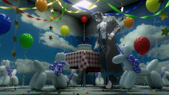 1boy absurdres animal_ears arknights ascot balloon birthday_cake black_coat black_hair black_pants black_shoes blue_sky cake cloud cloudy_sky coat commentary_request confetti food fox_boy fox_ears full_body fur-trimmed_coat fur_trim gloves grey_hair hand_in_pocket highres holding holding_balloon indoors liminal_space long_sleeves looking_at_object looking_down lots_of_pink male_focus multicolored_hair nowell_(arknights) open_clothes open_coat pants ribbon shirt shoes short_hair sky solo standing star_(symbol) table tile_floor tiles white_ascot white_shirt wide_shot