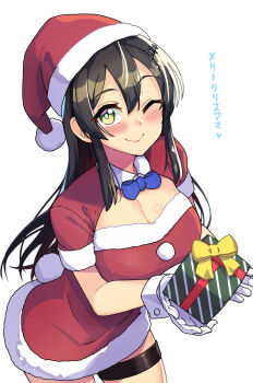 Rule 34 | 1girl, alternate costume, black hair, blue bow, blue bowtie, bow, bowtie, box, breasts, cleavage, cleavage cutout, clothing cutout, dress, fur-trimmed dress, fur-trimmed headwear, fur trim, gift, gift box, gloves, hat, highres, kantai collection, long hair, one eye closed, oyashio (kancolle), red dress, red hat, santa hat, short sleeves, simple background, solo, taketora suzume, white background, white gloves, yellow eyes