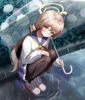 Rule 34 | 1girl, :o, black pantyhose, blonde hair, blue archive, blue sailor collar, blue skirt, blush, commentary request, hifumi (blue archive), highres, holding, holding umbrella, korean commentary, long hair, looking at another, neckerchief, open mouth, pantyhose, pharamacom, sailor collar, shirt, shoes, skirt, sneakers, solo, transparent, transparent umbrella, umbrella, white shirt, white shoes, yellow eyes, yellow neckerchief