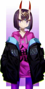 1girl black_jacket breasts choker clothes_writing commentary_request drawstring eyeliner fate/grand_order fate_(series) headpiece highres hood hooded_sweater horns jacket long_sleeves looking_at_viewer makeup oni pants pink_sweater purple_eyes purple_hair purple_pants short_hair shuten_douji_(fate) shuten_douji_(under_the_same_sky)_(fate) skin-covered_horns small_breasts smile solo sweater thighs tight_clothes tight_pants yubeshi_(zecxl)