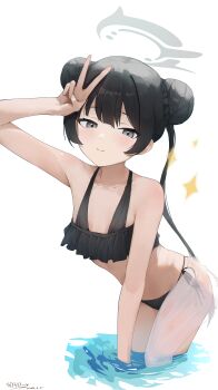 Rule 34 | 1girl, absurdres, belly, bikini, black bikini, black hair, blue archive, braid, braided bun, clothes around waist, commentary, crossed bangs, double bun, eiyuo, frilled bikini, frills, grey eyes, grey halo, hair bun, hair intakes, half-closed eyes, halo, highres, kisaki (blue archive), leaning forward, long hair, partially submerged, see-through clothes, see-through shirt, shirt, shirt around waist, side-tie bikini bottom, sidelocks, smile, soaking feet, solo, sparkle, swimsuit, twintails, v, water, white background