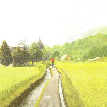 1girl canal female_focus field gemi grass hill original path rain road scenery solo tree umbrella water