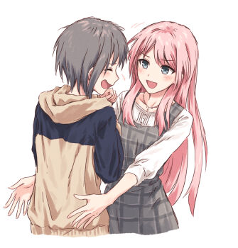 +++ 2girls :d ^_^ bang_dream! bang_dream!_it's_mygo!!!!! blush brown_jacket chihaya_anon closed_eyes collarbone commentary cowboy_shot cropped_legs dress grey_dress grey_eyes grey_hair highres jacket jewelry laughing long_hair multiple_girls necklace open_mouth pinafore_dress pink_hair short_hair simple_background sleeveless sleeveless_dress smile takamatsu_tomori textless_version three-quarter_sleeves white_background yukitake_(bullfalk)