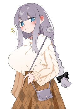 absurdres bag black_bow blue_eyes blunt_bangs blush blush_stickers bow braid breasts brown_skirt colored_eyelashes commentary_request ear_blush hair_bow handbag highres holding holding_bag huge_breasts long_hair long_skirt long_sleeves oimotororo1116 original oversized_sweater patterned print_skirt purple_hair ribbed_sweater shoulder_bag sidelocks signature simple_background skirt sleeves_past_wrists smile standing straight_hair sweater sweater_tucked_in tachibana_(oimotororo1116) thick_eyelashes upper_body wavy_mouth
