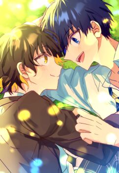 Rule 34 | 2boys, bachira meguru, black hair, blonde hair, blue eyes, blue hair, blue lock, blush, closed mouth, commentary request, eye contact, highres, isagi yoichi, looking at another, loose necktie, lying, male focus, mma runn, multicolored hair, multiple boys, necktie, on grass, on side, open mouth, shirt, two-tone hair, upper body, white shirt, yaoi