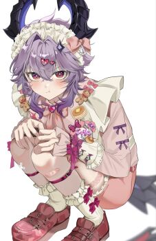 1boy alternate_costume bandaid bandaid_on_leg black_horns bow commentary_request double-parted_bangs dragon_boy dragon_horns dragon_tail durin_(genshin_impact) frilled_headband frilled_sleeves frilled_socks frills genshin_impact hair_between_eyes hair_bow hair_ornament hands_on_own_knees heart heart_hair_ornament highres horns long_sleeves looking_at_viewer male_focus medium_hair pink_bow pink_eyes pink_shirt pink_shorts purple_hair red_shoes sahi00000 sanpaku shirt shirt_tucked_in shoes shorts simple_background socks tail white_background white_socks