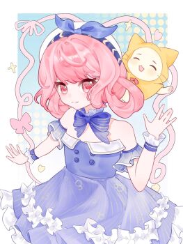 1girl ^_^ animal animal_on_head bare_shoulders beret blue_background blue_bow blue_bowtie blue_choker blue_dress blue_sleeves blue_wrist_cuffs border bow bow_choker bowtie bubble_print bubbly_voyage_(infinity_nikki) buttons cat chinese_commentary choker cloak closed_eyes closed_mouth clothed_animal collared_dress commentary_request cowboy_shot detached_sleeves dress ear_covers eyelashes eyes_visible_through_hair frilled_choker frilled_dress frilled_sleeves frilled_wrist_cuffs frills hair_rings halftone halftone_background happy hat hat_bow heart hebo_(xinjinjumin299393807253) highres hood hood_up hooded_cloak infinity_nikki light_blush loose_hair_strand momo_(nikki) nikki_(nikki) nikki_(series) on_head outside_border picture_frame pink_eyes pink_hair pleated_dress print_dress red_bow red_bowtie short_dress short_hair short_sleeves smile sparkle standing strapless strapless_dress striped_bow striped_bowtie striped_clothes striped_dress traditional_bowtie vertical-striped_clothes vertical-striped_dress vertical-striped_sleeves whiskers white_border white_cat white_hat wrist_cuffs yellow_cloak