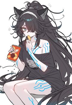 Rule 34 | 1girl, absurdly long hair, animal ears, bag of chips, black hair, black shirt, blue eyes, body markings, cat (nyanko daisensou), cat ears, cat girl, chips (food), dark kasli (nyanko daisensou), ebora, food, hair over one eye, highres, kasli (nyanko daisensou), long hair, looking at viewer, nyanko daisensou, off shoulder, oversized clothes, oversized shirt, pale skin, ponytail, potato chips, shirt, short sleeves, single bare shoulder, very long hair