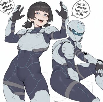 1girl arm_guards armor artist_name black_bodysuit black_hair blue_bodysuit blue_eyes blunt_bangs bodysuit breastplate commentary covered_navel cowboy_shot english_text fangs helmet highres invincible_(series) kiryupa missing_headwear open_mouth power_armor shoulder_guard sitting solo spandex speech_bubble tech_jacket twintails white_background zoe_thompson_(invincible)