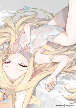 1girl animal_ear_fluff animal_ears blonde_hair blue_archive blush bow breasts closed_mouth flower fox_ears fox_girl fox_tail hair_flower hair_ornament halo hand_on_own_chin highres hong_(white_spider) loli long_hair looking_at_viewer lying official_alternate_costume on_back one-piece_swimsuit patreon_username pink_eyes see-through_clothes see-through_one-piece_swimsuit seia_(blue_archive) seia_(swimsuit)_(blue_archive) signature small_breasts smile solo swimsuit tail tail_bow tail_ornament thighs very_long_hair wet white_one-piece_swimsuit yellow_halo