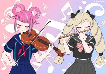 2girls absurdres alternate_costume black_bow blonde_hair blunt_bangs bow commentary drill_hair el_pan_frances elise_(fire_emblem) english_commentary facial_mark fire_emblem fire_emblem_engage fire_emblem_fates flute folded_twintails gradient_background hair_bow hair_rings hands_up heart heart_facial_mark highres hortensia_(fire_emblem) instrument long_hair midriff_peek multicolored_hair multiple_girls musical_note_background nintendo pink_hair playing_flute playing_instrument playing_violin pleated_skirt purple_hair sidelocks skirt streaked_hair twin_drills two-tone_hair upper_body