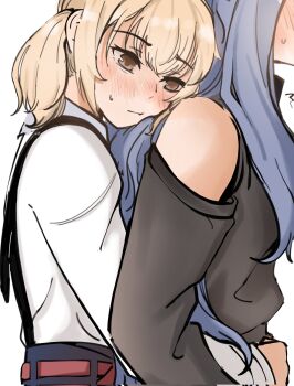 Rule 34 | 2girls, azusawa kohane, black shirt, blonde hair, blue hair, blush, brown eyes, chaimamon, closed mouth, clothing cutout, commentary, hashtag-only commentary, highres, hug, hug from behind, long hair, multiple girls, project sekai, shiraishi an, shirt, shoulder cutout, simple background, sweat, twintails, white background, white shirt, yuri