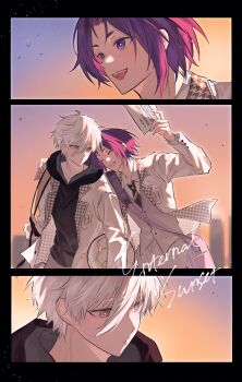 2boys absurdres bag ball blnag_peapond blue_lock blush commentary_request hakuho_high_school_uniform hand_on_another's_shoulder highres holding holding_paper hood hoodie looking_at_another mikage_reo multiple_boys nagi_seishirou paper purple_hair school_bag school_uniform short_hair shoulder_bag smile soccer_ball sunset white_hair yaoi