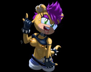 1girl \n/ alternate_hair_length alternate_hairstyle animal_nose artist_name barbell_piercing bare_shoulders belt black_background black_choker black_gloves black_shirt black_sleeves blue_shorts body_fur breasts choker clitoris_piercing clothes_lift clothes_pull collarbone cowboy_shot crop_top cropped_legs detached_sleeves ear_piercing earrings eyeshadow female_focus fingerless_gloves fishnet_sleeves fishnets flashing furry furry_female gloves green_eyes half-closed_eyes happy highres industrial_piercing jewelry large_breasts looking_at_viewer makeup mina_mongoose multiple_earrings navel navel_piercing nipple_piercing nipples no_bra open_mouth panties panty_pull piercing pulling_own_clothes punk purple_eyeshadow purple_hair pussy pussy_juice pussy_piercing rockthebull shirt shirt_lift short_hair short_shorts shorts shorts_pull signature simple_background sleeveless sleeveless_shirt smile solo sonic_(series) sonic_the_hedgehog_(archie_comics) spiked_hair spikes standing stomach sweat tail tail_ornament tail_ring teeth tongue tongue_out tongue_piercing underwear very_short_hair white_panties yellow_fur