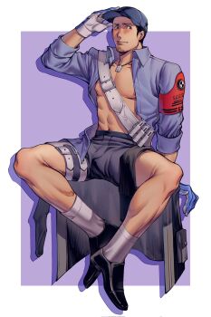 Rule 34 | 1boy, abs, bandolier, baseball cap, belt, black hair, black shoes, black shorts, blue hat, blue shirt, blush, chinese commentary, closed mouth, embarrassed, facial hair, full body, gekkoukan high school uniform, gloves, goatee stubble, hat, highres, holster, invisible chair, iori junpei, jacket, jewelry, loafers, looking at viewer, male focus, necklace, nipples, oldkin, open clothes, open shirt, pectorals, persona, persona 3, persona 3 reload, school uniform, shirt, shoes, short hair, shorts, sitting, socks, solo, stubble, thigh holster, unworn jacket, white gloves, white socks