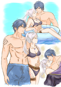 1boy 1girl abs afloat arm_tattoo armpit_crease armpits barefoot beach belt bikini blue_eyes blue_hair blue_male_swimwear brand_of_the_exalt breasts chrom_(fire_emblem) cleavage closed_eyes coat collarbone curled_fingers day eyelashes eyes_of_grima feet female_robin_(fire_emblem) female_robin_(seaside_tactician)_(fire_emblem) fingernails fire_emblem fire_emblem_awakening groin hair_between_eyes hand_tattoo hand_up hands_up happy highres implied_after_sex implied_nudity innertube intelligent_systems jewelry legs long_hair looking_at_another male_swimwear matching_hair/eyes medium_breasts midriff moverabbit0305 muscular muscular_arms muscular_male naked_coat navel neck necklace nintendo o-ring o-ring_bikini ocean official_alternate_costume outdoors pectorals profile purple_bikini short_hair sidelocks sleeping smile summer swept_bangs swim_ring swim_trunks swimsuit tattoo thigh_belt thigh_strap thighs twintails underboob white_hair yellow_eyes