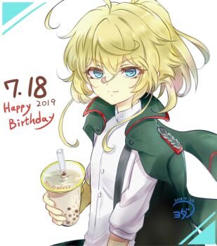 Rule 34 | 1girl, ahoge, blonde hair, blue eyes, bubble tea, buttons, closed mouth, commentary request, cup, dated, disposable cup, drinking straw, english text, fingernails, floating clothes, green jacket, hair between eyes, hand up, happy birthday, high ponytail, highres, holding, holding cup, huge ahoge, jacket, long hair, long hair between eyes, long sleeves, looking at viewer, mandarin collar, military, military jacket, military uniform, open clothes, open jacket, ponytail, puffy long sleeves, puffy sleeves, shirt, sidelocks, signature, simple background, smile, solo, suspenders, tanya degurechaff, upper body, white background, white shirt, youda (seravichacha), youjo senki