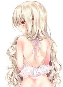 Rule 34 | 1girl, back, bare shoulders, brown hair, butt crack, female focus, from behind, long hair, looking at viewer, looking back, luca (nogi takayoshi), nogi takayoshi, orange eyes, original, parted lips, profile, shoulder blades, sidelocks, simple background, solo, very long hair, wavy hair, white background