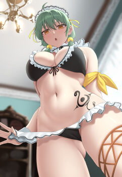1girl :o abs absurdres ahoge alternate_costume alternate_hairstyle armband bikini bikini_pull black_bikini blurry blurry_background breasts cabinet cameltoe chandelier choker cleavage clothes_pull commentary day detached_collar enmaided fishnet_thigh_strap frilled_bikini frilled_choker frills from_below gluteal_fold green_hair hair_bobbles hair_ornament highres hikage_(senran_kagura) hip_tattoo indoors large_breasts light_blush looking_down low_twintails maid maid_bikini maid_headdress medium_hair navel open_mouth pulling_own_clothes senran_kagura skindentation slit_pupils snake_tattoo solo swimsuit tattoo teasing toned toned_female twintails unconventional_maid wrist_cuffs yellow_eyes zib_(boriku)