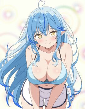 1girl ahoge armpit_crease blue_camisole blue_hair breasts camisole closed_mouth collarbone commentary_request cowboy_shot crop_top crossed_bangs dolphin_shorts heart heart_ahoge highres hololive huge_breasts leaning_forward long_hair looking_at_viewer multicolored_hair navel pointy_ears shorts solo split_mouth standing straight-on streaked_hair take_zenni_chikuzenni very_long_hair virtual_youtuber white_shorts yellow_eyes yukihana_lamy