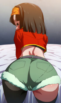 1girl ass black_eyes black_hair black_pantyhose black_thighhighs dragon_ball dragon_ball_heroes from_behind green_shorts hairband jacket loli looking_at_viewer looking_back midriff orange_hairband pan_(dragon_ball) pan_(xeno)_(dragon_ball) pantyhose red_jacket rom_(20) short_hair shorts single_leg_pantyhose single_thighhigh solo thighhighs thighs