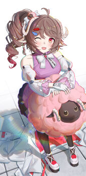 1girl ;d absurdres ahoge animal_ears ardelia_(arknights) arknights arknights:_endfield bare_shoulders black_pantyhose blush bow brown_hair chinese_commentary commentary_request detached_sleeves drill_hair drill_ponytail eyjafjalla_(arknights) full_body gloves hair_ornament hairclip highres horns long_hair long_sleeves looking_at_viewer one_eye_closed open_mouth pantyhose puffy_sleeves red_eyes ruqbimo1 sheep sheep_ears sheep_girl sheep_horns shirt shoes side_ponytail skirt sleeveless smile solo standing white_bow white_gloves