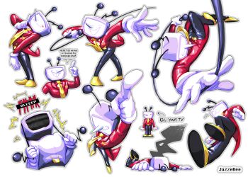 1boy ant_tenna arm_up artist_name black_pants blush_stickers commentary crt deltarune english_commentary english_text gloves grey_background grey_outline highres jazzebee male_focus multiple_views necktie object_head outline outstretched_arm pants pointing pointy_nose pulling shoes single_blush_sticker smile static_electricity tailcoat teeth utdr_(toby_fox) white_gloves yellow_necktie yellow_shoes