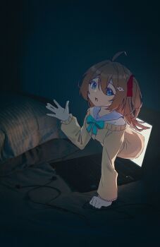 1girl absurdres ahoge aqua_bow aqua_bowtie blue_eyes blue_sailor_collar bow bowtie brown_hair cardigan computer from_side hair_between_eyes hair_ornament hair_ribbon hashtag-only_commentary heart heart_hair_ornament highres indoors laptop long_hair long_sleeves neuro-sama open_mouth photo_background red_ribbon ribbon sailor_collar tanhuluu through_medium through_screen two_side_up vedal_ai virtual_youtuber yellow_cardigan