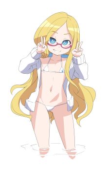 Rule 34 | 1girl, absurdres, bikini, blonde hair, blsh (blshwrks), blue eyes, blush, collarbone, double v, female focus, flat chest, gelbooru, gelbooru-tan, glasses, gluteal fold, grin, hands up, happy, highres, hood, hoodie, ixy (style), jacket, logo, long hair, long sleeves, looking at viewer, navel, open clothes, open jacket, pink-framed eyewear, semi-rimless eyewear, simple background, smile, solo, standing, stomach, straight-on, string bikini, swimsuit, teeth, v, very long hair, wading, water, white background, white bikini, white jacket