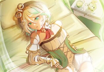 1girl absurdres ananteolas ascot breasts cecilia_immergreen cecilia_immergreen_(1st_costume) commentary corset cup detached_collar doll_joints gradient_hair green_corset green_eyes green_hair hair_between_eyes highres hololive hololive_english joints looking_at_viewer lying multicolored_hair on_back on_bed otomo_(cecilia_immergreen) pillow red_ascot romper small_breasts table tea teacup virtual_youtuber white_hair white_romper winding_key