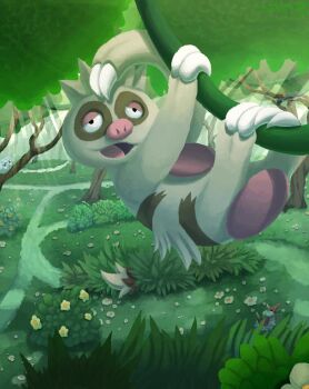 bush cascoon day flower forest gen_3_pokemon mad_manxx nature nintendo no_humans open_mouth path plant pokemon road scenery slakoth sunlight tree vines wurmple zigzagoon