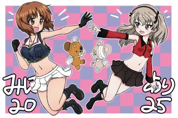 2girls bare_shoulders black_gloves blonde_hair blush boko_(girls_und_panzer) breasts brown_eyes brown_hair cleavage girls_und_panzer gloves large_breasts looking_at_another midriff military_uniform miniskirt multiple_girls navel nishizumi_miho ooarai_military_uniform open_mouth shimada_arisu short_hair skirt small_breasts smile st._gloriana&#039;s_military_uniform stuffed_toy takahashi_kurage