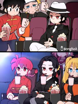 3girls 4boys absurdres artist_name astolfo_(fate) black_eyes black_hair black_kimono blonde_hair blue_eyes bongftah braid breasts bubble_tea_challenge commentary crossover cup disposable_cup drinking_straw drinking_straw_in_mouth facial_mark food genderswap genderswap_(mtf) hat highres japanese_clothes kibutsuji_muzan kibutsuji_muzan_(female) kimetsu_no_yaiba kimono large_breasts long_hair movie_theater multiple_boys multiple_crossover multiple_girls mundane_utility naruko_(naruto) naruto_(series) object_on_breast pants pink_hair popcorn ranma-chan red_eyes red_shirt saotome_ranma shirt steepled_fingers symbol-only_commentary trait_connection twintails uzumaki_naruto whisker_markings white_hat white_pants