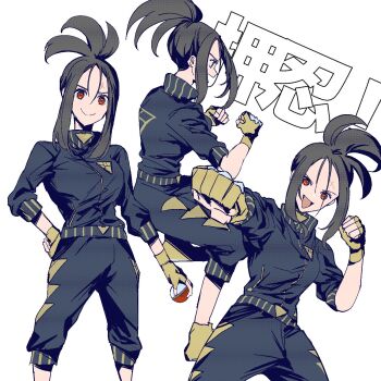 1girl black_hair black_jacket black_track_suit breasts commentary_request cross_scar dendra_(pokemon) fighting_stance fingerless_gloves gloves hand_on_own_hip highres jacket medium_breasts multiple_views nintendo open_mouth osionopan pokemon pokemon_sv scar scar_on_face scar_on_forehead sidelocks smile three-quarter_sleeves track_jacket track_suit updo v-shaped_eyebrows yellow_gloves zipper_pull_tab