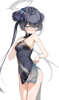 1girl absurdres alternate_eye_color bare_arms bare_legs bare_shoulders black_dress blue_archive blue_eyes blush braid braided_bun breasts butterfly_hair_ornament center-flap_bangs china_dress chinese_clothes clothes_lift clothes_pull clothing_cutout commentary covered_navel cowboy_shot double-parted_bangs double_bun dragon_print dress dress_lift dress_pull embarrassed firehippo grey_halo hair_between_eyes hair_bun hair_ornament halo hand_on_own_chest hand_up highres hip_vent kisaki_(blue_archive) lifting_own_clothes loli long_hair looking_at_viewer no_panties nose_blush parted_lips pelvic_curtain print_dress raised_inner_eyebrows short_dress sideboob simple_background sleeveless sleeveless_dress small_breasts solo standing symbol-only_commentary thighs twintails very_long_hair white_background
