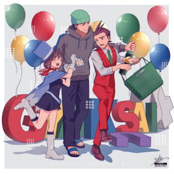 Rule 34 | 1girl, 2boys, 3llo 3, :d, ^ ^, ace attorney, anniversary, antenna hair, apollo justice, apollo justice: ace attorney, aqua hat, bag, balloon, basket, beanie, beard stubble, belt, belt pouch, black hair, black pants, black sandals, black socks, blue belt, blue cape, blue dress, blue eyes, blue hat, blue scarf, boots, border, bottle, bracelet, breasts, brown eyes, brown hair, buttons, cape, closed eyes, commentary request, copyright name, diamond button, double-breasted, double-parted bangs, drawstring, dress, facial hair, food wrapper, forked eyebrows, full body, gloves, gold bracelet, green necktie, grey background, grey hoodie, grin, hand in pocket, hands up, hat, highres, holding, holding bag, holding basket, holding bottle, hood, hoodie, jewelry, knee boots, knee up, kneehighs, lapel pin, lapels, letter banner, long sleeves, looking at another, looking to the side, medium hair, multiple boys, necktie, notched lapels, off-shoulder dress, off shoulder, open mouth, pants, phoenix wright, pouch, red pants, red scarf, red shoes, red socks, red vest, sandals, scarf, shirt, shoes, shopping basket, short hair, sideways hat, signature, sleeves rolled up, small breasts, smile, socks, standing, standing on one leg, striped belt, stubble, sweatdrop, teeth, toes, top hat, trucy wright, twitter username, upper teeth only, vest, waistcoat, walking, watermark, white boots, white border, white gloves, white shirt, wine bottle, zipper, zipper pull tab
