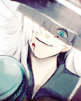 1girl blood blood_on_face collared_shirt commentary green_eyes hat highres ichi_(ki_splt) komeiji_koishi looking_at_viewer medium_hair one_eye_covered parted_lips shirt smile solo teeth third_eye touhou upper_teeth_only white_background white_hair