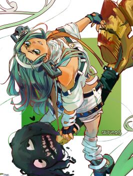 1girl 88junos a.b.a absurdres aqua_eyes aqua_hair arched_back artist_name bags_under_eyes bandaged_leg bandaged_neck bandaged_wrist bandages bare_shoulders belt black_belt black_gloves blood bloody_bandages bloody_weapon blue_nails boots commentary crop_top english_commentary fingerless_gloves gloves guilty_gear guilty_gear_strive hairband highres holding holding_key holding_weapon key key_in_head long_hair looking_at_viewer loose_bandages object_through_head off-shoulder_shirt off_shoulder paracelsus_(guilty_gear) parted_lips shirt short_sleeves shorts weapon white_hairband white_shirt white_shorts